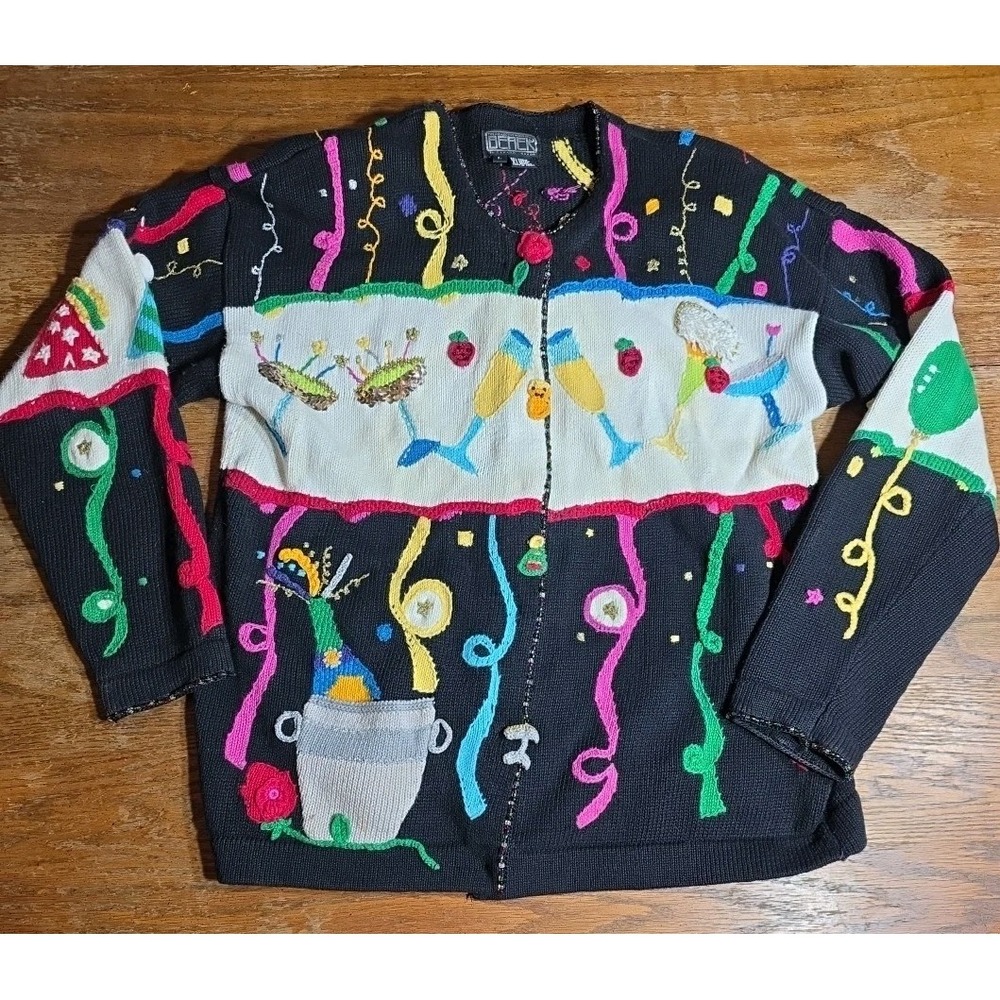 BEREK Party Cardigan Sweater Embroidered Cocktails Drinks Beads Sequins‎ Size L